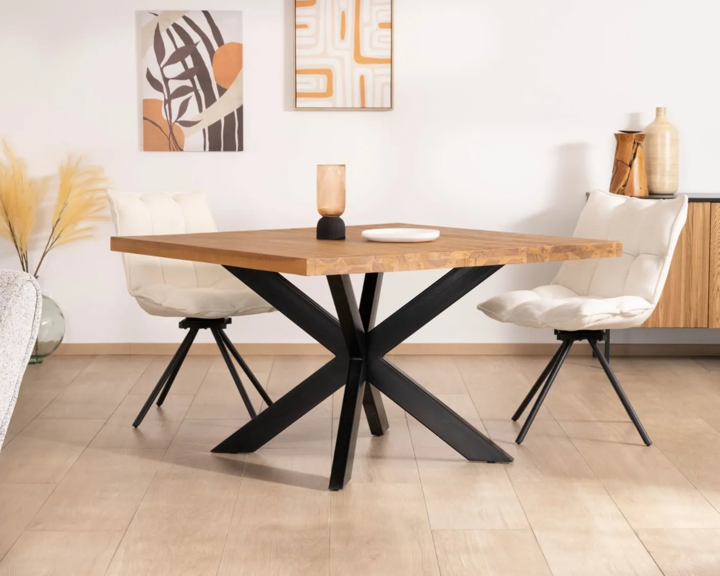 Online Table de repas carrée en teck pied métal 130 cm "Zenia" Table À Manger Carrée