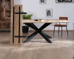 Table de repas carrée 120x120cm style industriel manguier et métal "Haden" avec extensions Table À Manger Carrée