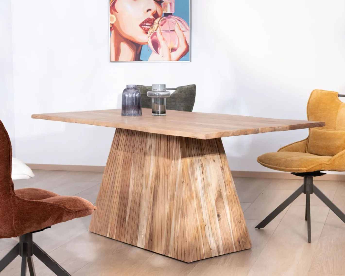 Clearance Table de repas 175 cm design "Elki" en acacia avec pied central Table À Manger Rectangulaire