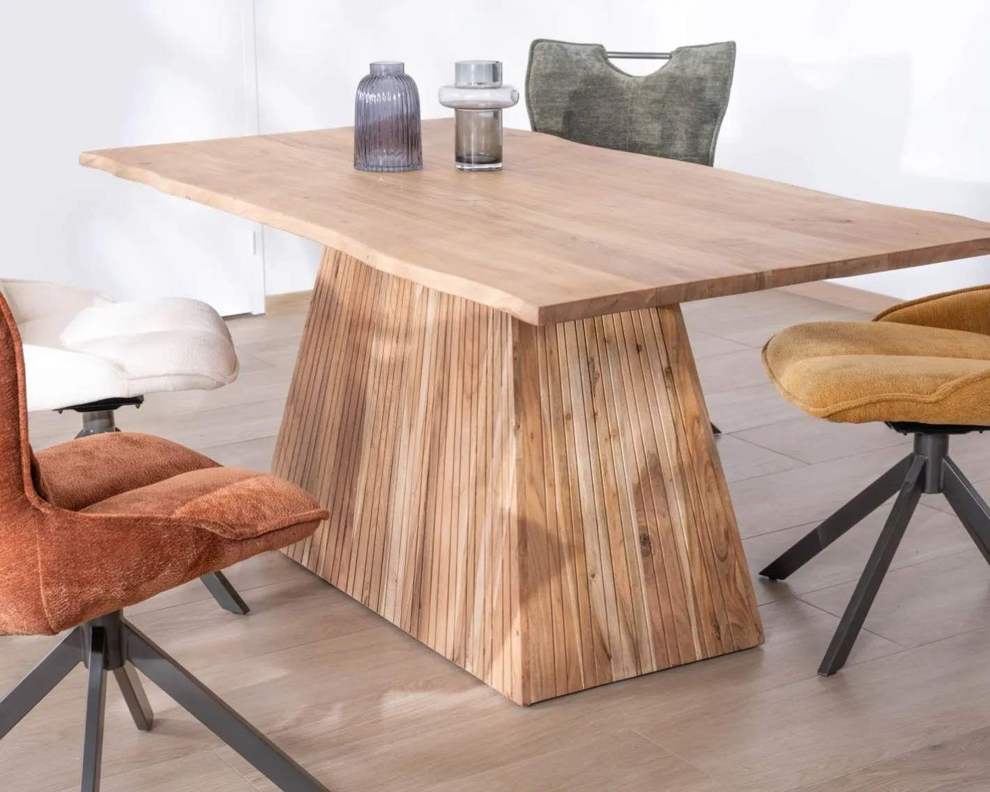 Clearance Table de repas 175 cm design "Elki" en acacia avec pied central Table À Manger Rectangulaire