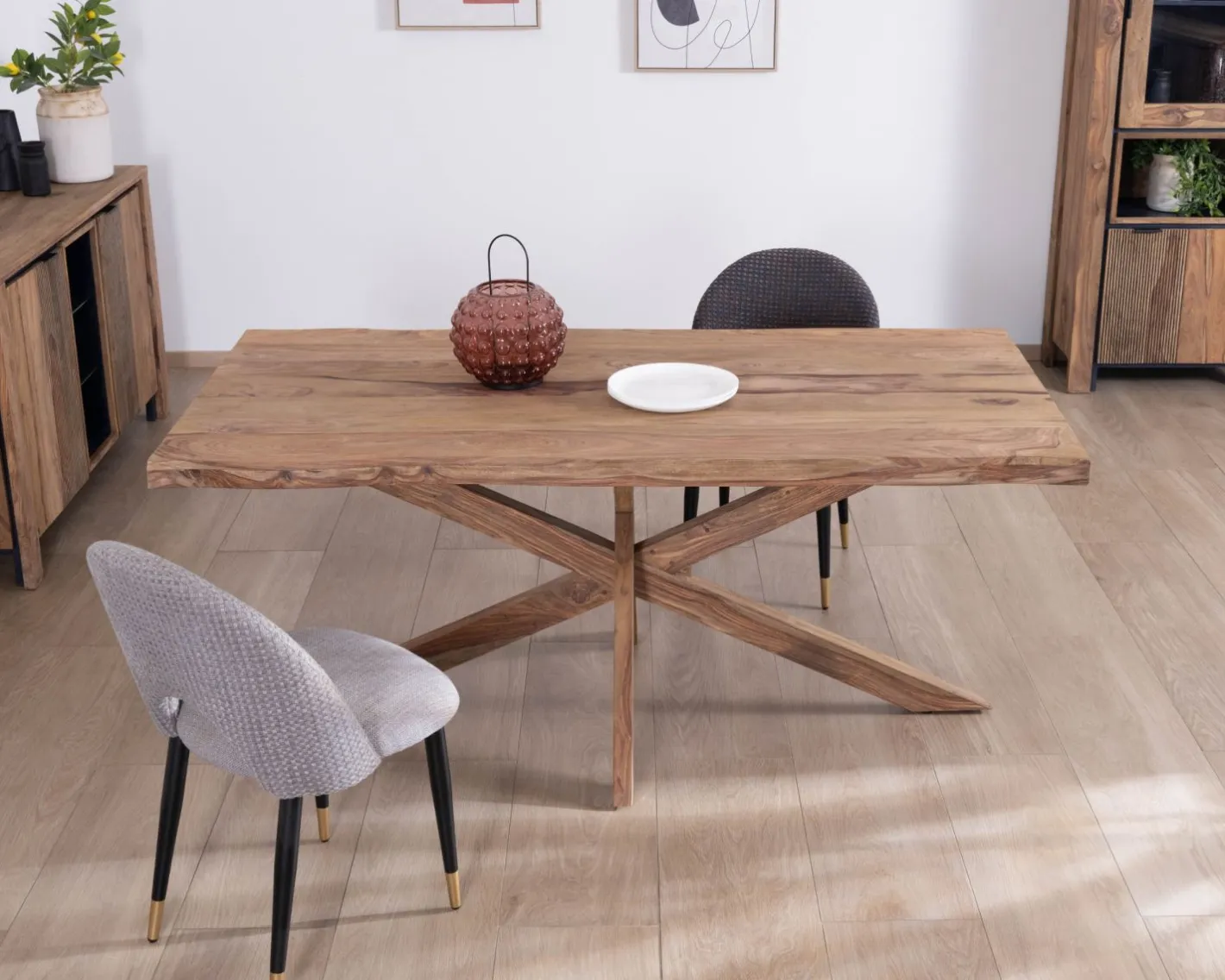 New Table de repas 180 cm plateau naturel et pieds croix "Enoa" 100% palissandre Table À Manger Rectangulaire