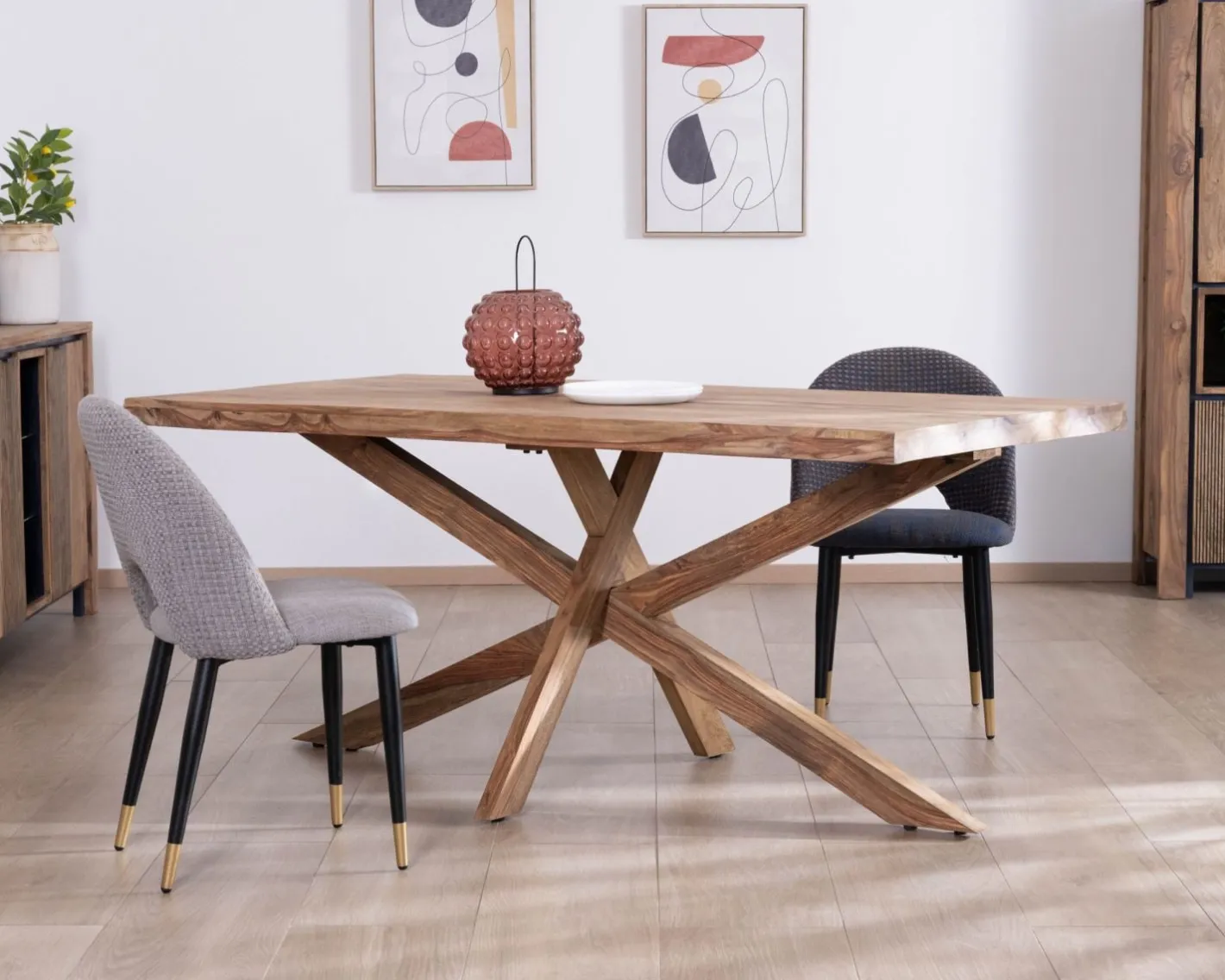New Table de repas 180 cm plateau naturel et pieds croix "Enoa" 100% palissandre Table À Manger Rectangulaire