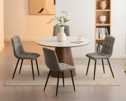 Hot Table de repas ronde 120 cm plateau céramique blanc effet marbre "Oria" piètement aspect noyer Table À Manger Ronde Ou Ovale