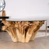Discount Table de repas ronde en racine de teck naturel avec plateau verre "Jungle" Table À Manger Ronde Ou Ovale