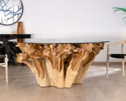 Discount Table de repas ronde en racine de teck naturel avec plateau verre "Jungle" Table À Manger Ronde Ou Ovale