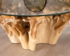 Discount Table de repas ronde en racine de teck naturel avec plateau verre 
