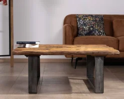 Hot Table de salon carrée en bois recyclé naturel plateau verre et pieds U noir antique "Cidade" Table Basse Carrée