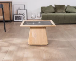 New Table de salon carrée en manguier avec plateau placage pierre "Netty" Table Basse Carrée