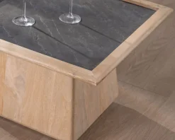 New Table de salon carrée en manguier avec plateau placage pierre 