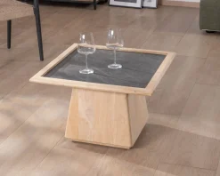 New Table de salon carrée en manguier avec plateau placage pierre 