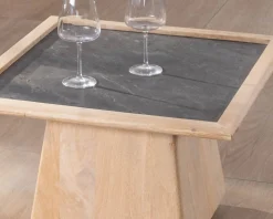 New Table de salon carrée en manguier avec plateau placage pierre 