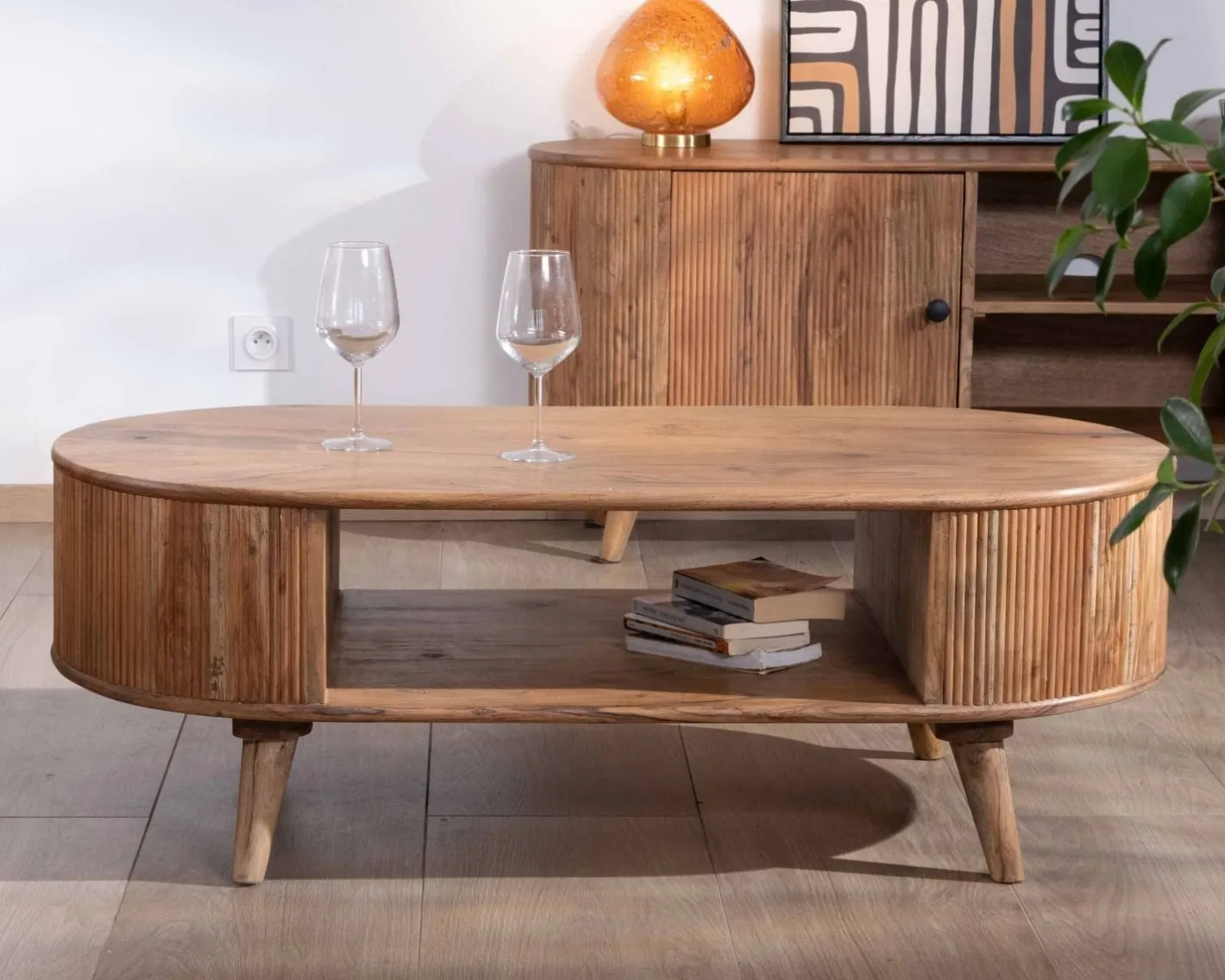 New Table de salon design arrondi vintage en acacia "Boomer" Table Basse Ovale Ou Ronde