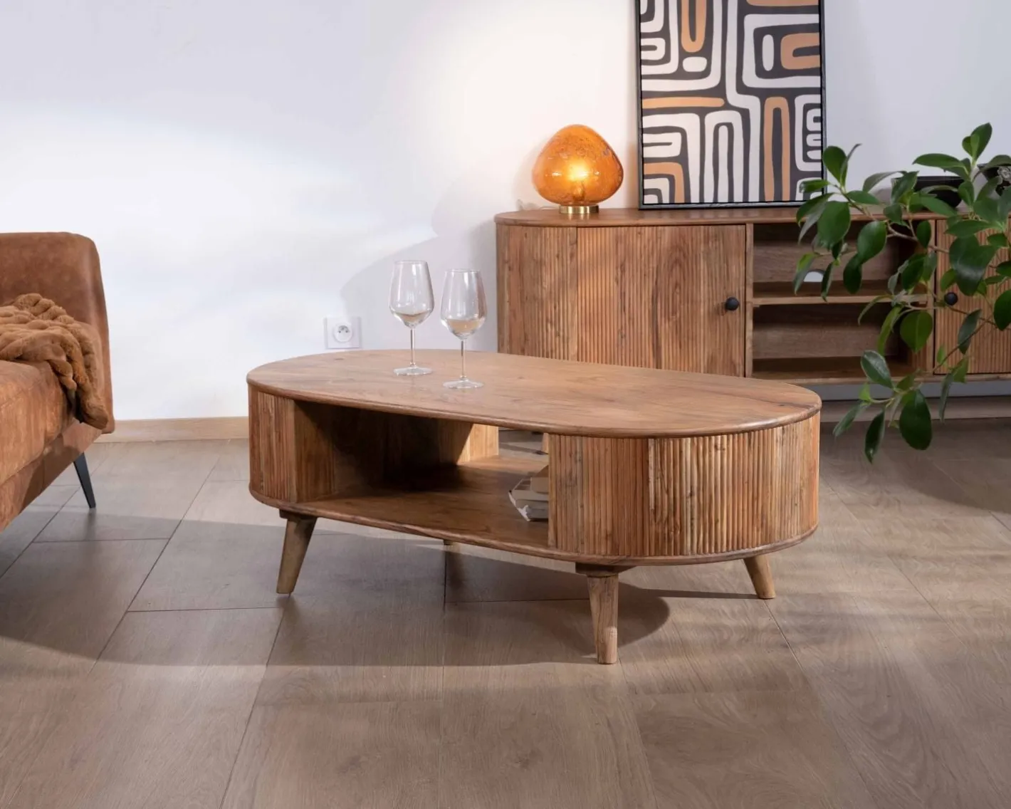 New Table de salon design arrondi vintage en acacia "Boomer" Table Basse Ovale Ou Ronde