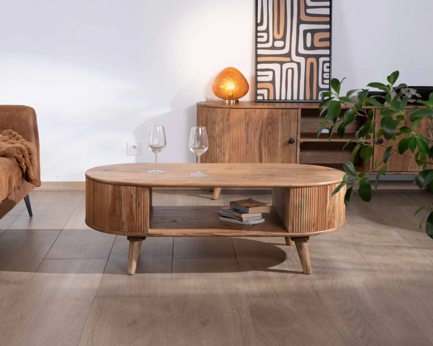 New Table de salon design arrondi vintage en acacia "Boomer" Table Basse Ovale Ou Ronde