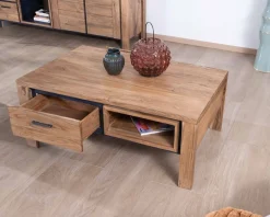 New Table de salon rectangulaire recto-verso acacia massif avec tiroirs et contour noirs 