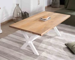 Sale Table de salon rectangulaire en acacia et pied blanc style champêtre 