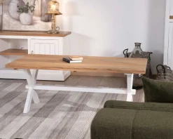 Sale Table de salon rectangulaire en acacia et pied blanc style champêtre 