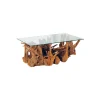 Table de salon rectangulaire racine en teck et plateau en verre "Roots" Table Basse Rectangulaire