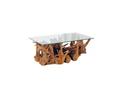 Table de salon rectangulaire racine en teck et plateau en verre "Roots" Table Basse Rectangulaire