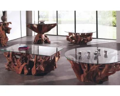 Table de salon rectangulaire racine en teck et plateau en verre "Roots" Table Basse Rectangulaire