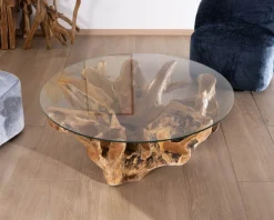 Best Table de salon ronde 110 cm en racine de teck massive avec plateau verre 