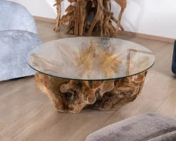 Best Table de salon ronde 110 cm en racine de teck massive avec plateau verre 