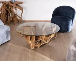Best Table de salon ronde 110 cm en racine de teck massive avec plateau verre 