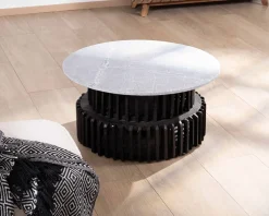 Online Table de salon ronde en bois recyclé et plateau en pierre claire "Népalaise" Table Basse Ovale Ou Ronde