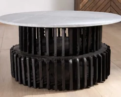 Online Table de salon ronde en bois recyclé et plateau en pierre claire 