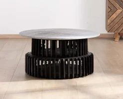 Online Table de salon ronde en bois recyclé et plateau en pierre claire 