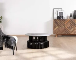 Online Table de salon ronde en bois recyclé et plateau en pierre claire 
