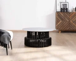Online Table de salon ronde en bois recyclé et plateau en pierre claire 