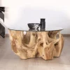 Table de salon ronde en racine de teck naturel avec plateau verre "Jungle" Table Basse Ovale Ou Ronde