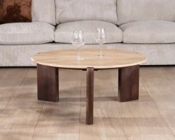 Best Table de salon ronde en travertin et manguier "Archipel" 90 cm Table Basse Ovale Ou Ronde