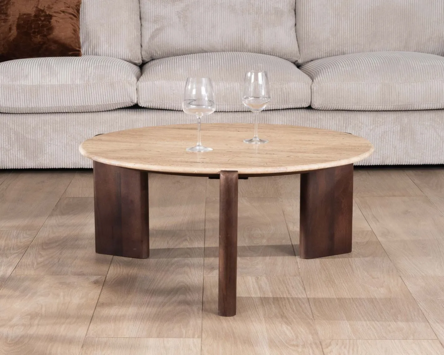 Best Table de salon ronde en travertin et manguier "Archipel" 90 cm Table Basse Ovale Ou Ronde