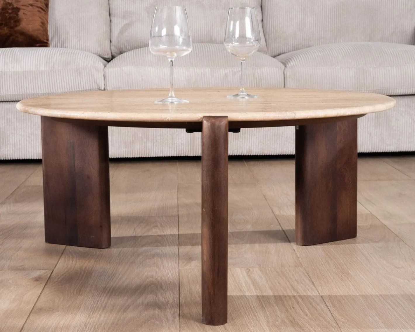 Best Table de salon ronde en travertin et manguier "Archipel" 90 cm Table Basse Ovale Ou Ronde