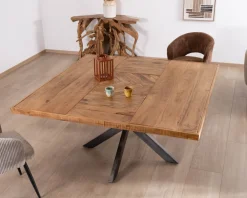 Clearance Table design carrée métal et bois massif "Bronx" 130x130cm Table À Manger Carrée