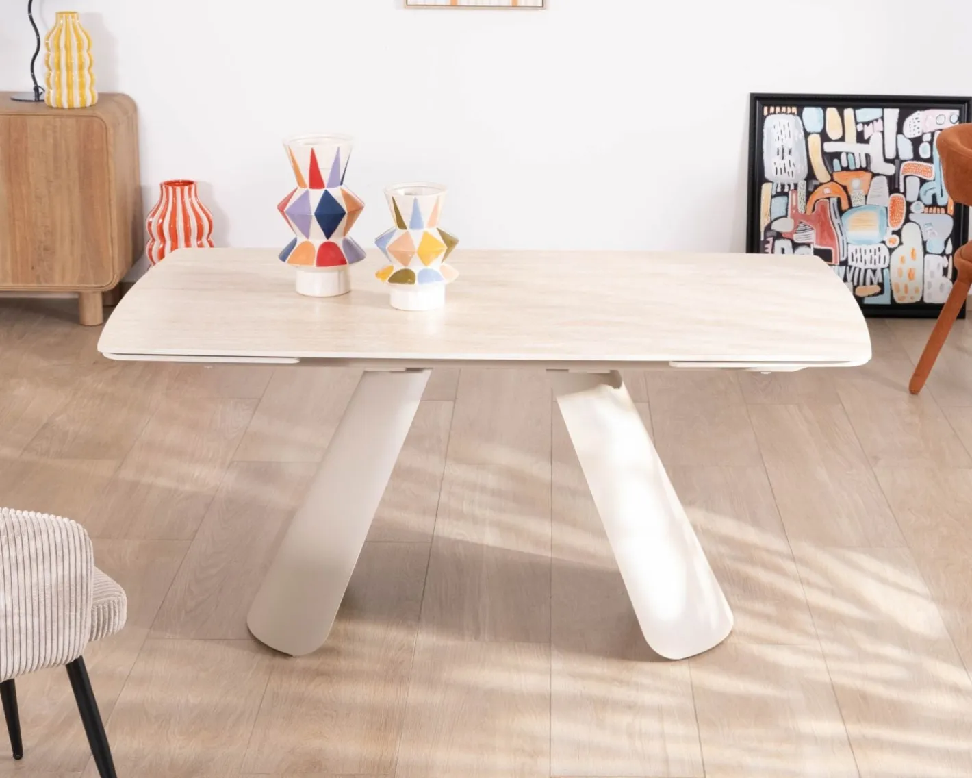 Discount Table extensible 160 à 240 cm rétro chic "Amarello" en pierre frittée et métal champagne Table À Manger Rectangulaire