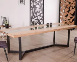 Table à manger contemporaine métal, bois et verre 