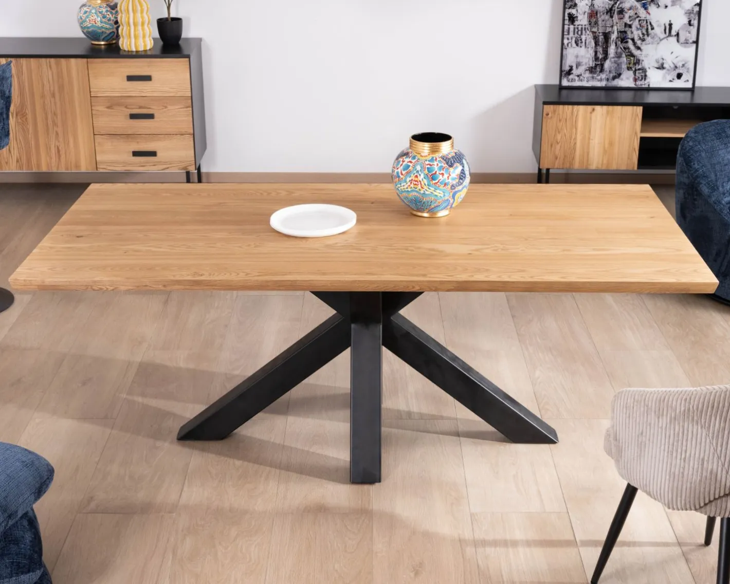 Clearance Table à manger en frêne massif et pied étoile métal noir "Sydney" 2m Table À Manger Rectangulaire