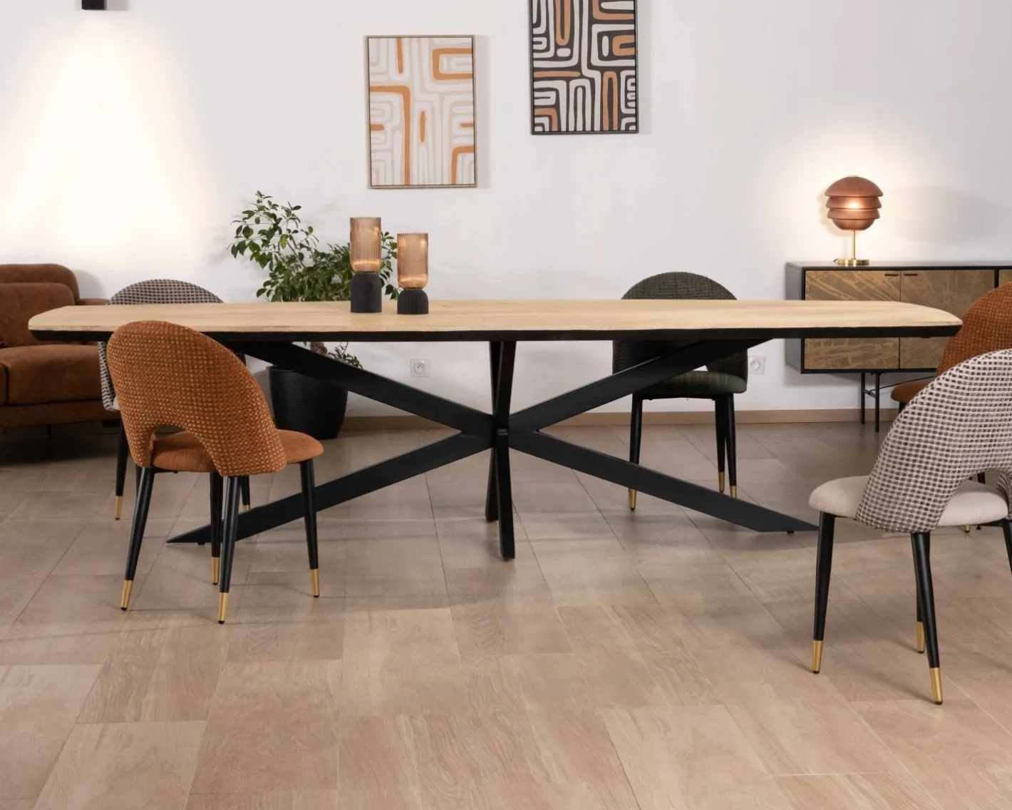 New Table rectangulaire manguier massif 200cm bords biseautés noirs et pieds métal 3D "Pise" Table À Manger Rectangulaire