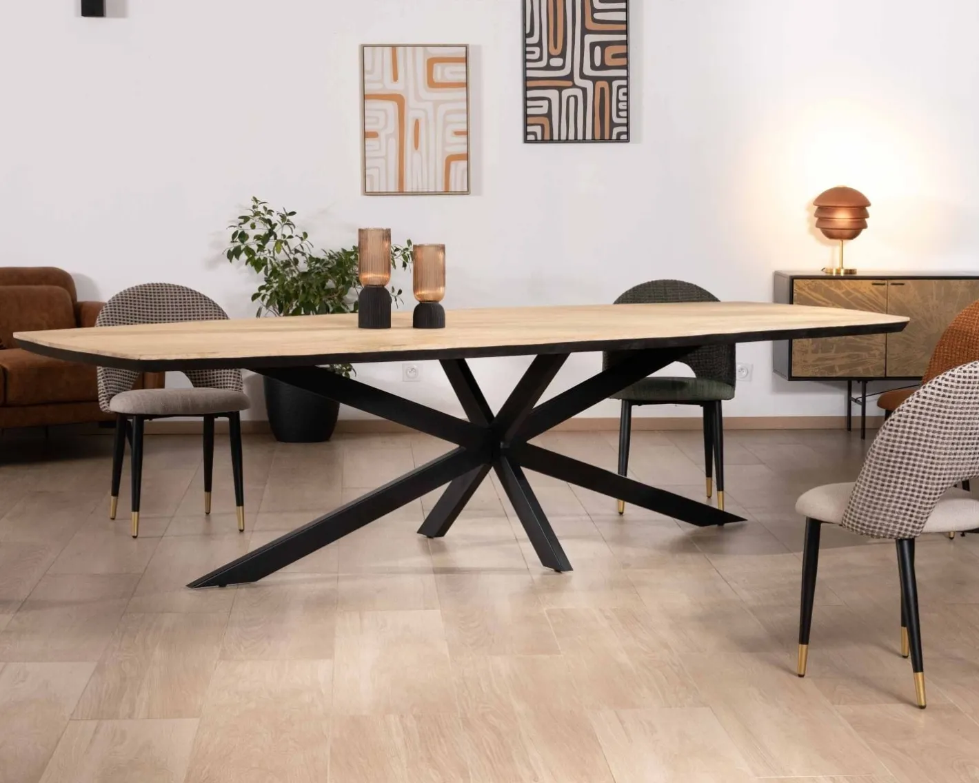 New Table rectangulaire manguier massif 200cm bords biseautés noirs et pieds métal 3D "Pise" Table À Manger Rectangulaire