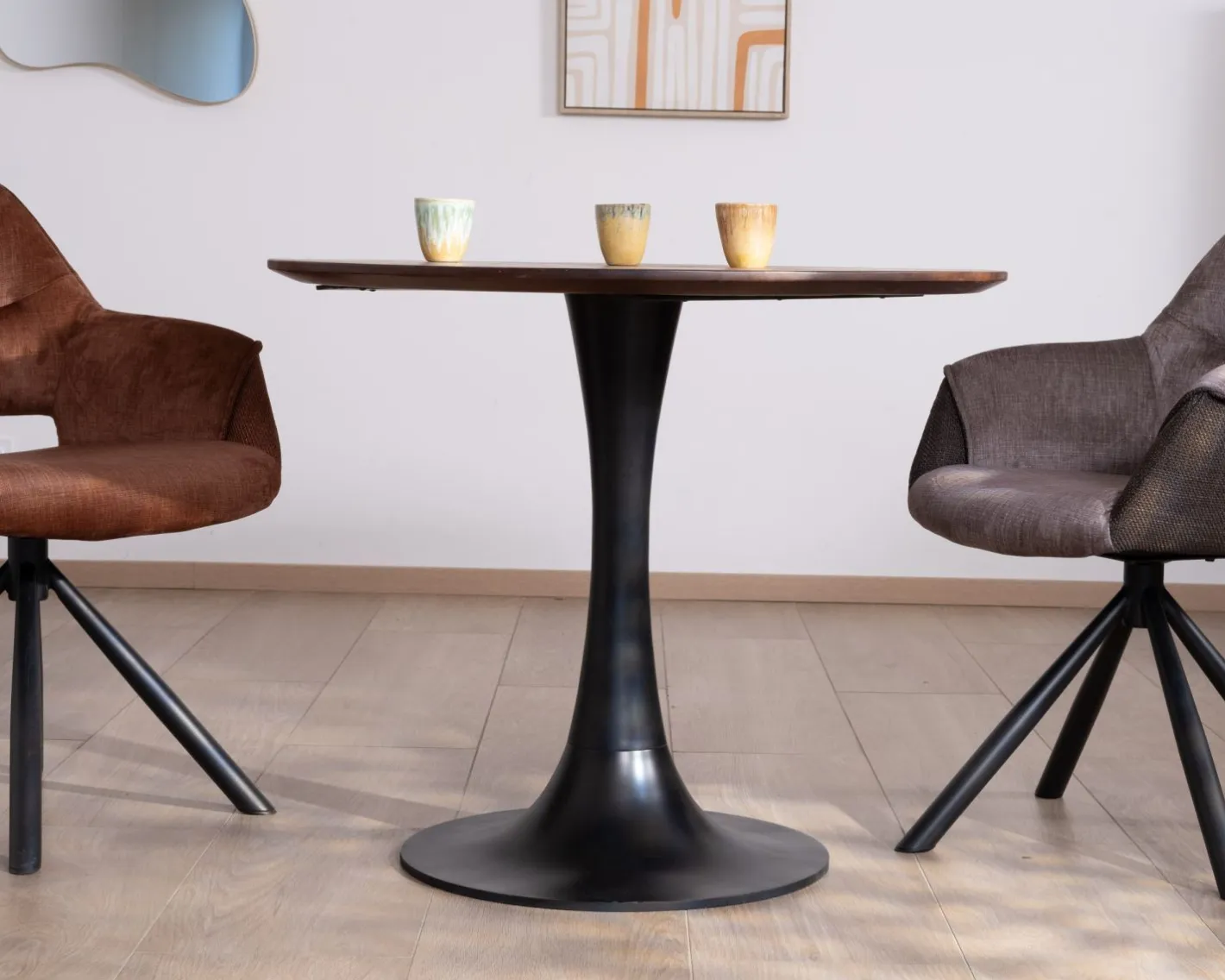 Sale Table ronde 90 cm esprit bistrot "Piccadilly" pied tulipe en métal noir Table À Manger Ronde Ou Ovale