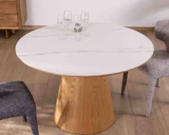 Discount Table ronde 120 cm plateau céramique blanc effet marbre "Oria" piètement aspect chêne Table À Manger Ronde Ou Ovale