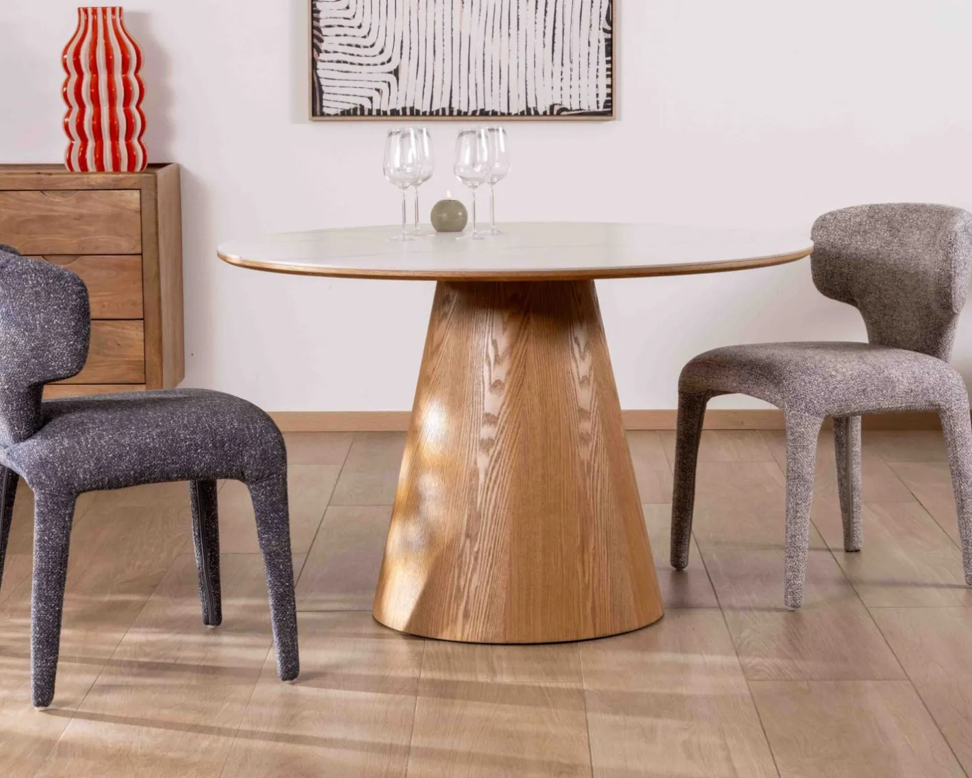 Discount Table ronde 120 cm plateau céramique blanc effet marbre "Oria" piètement aspect chêne Table À Manger Ronde Ou Ovale