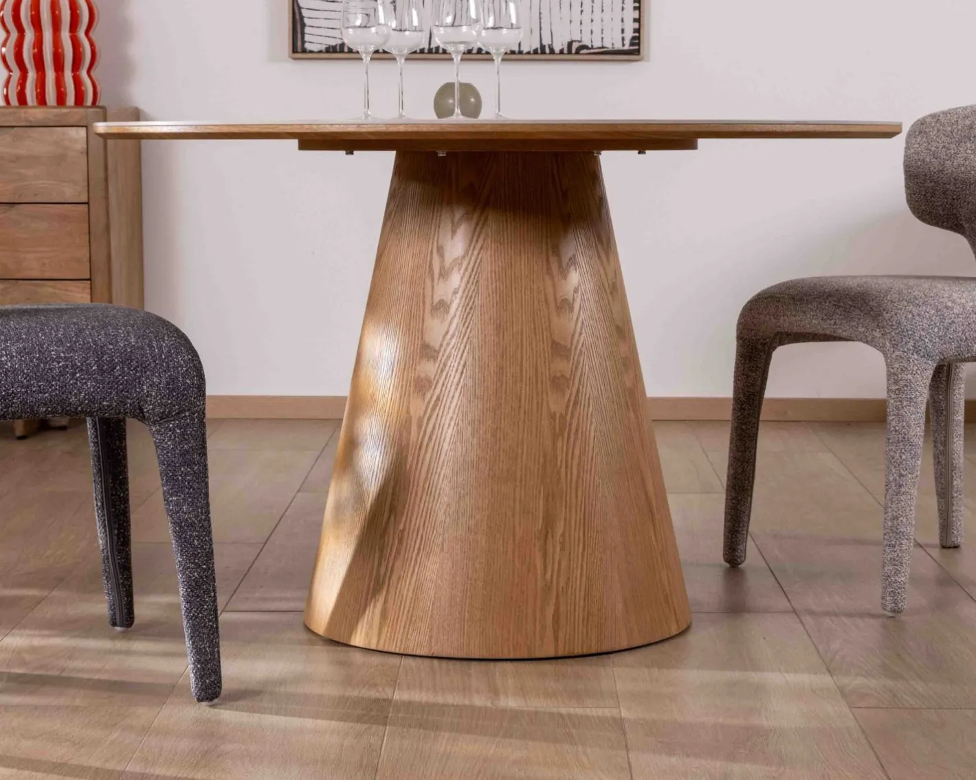 Discount Table ronde 120 cm plateau céramique blanc effet marbre "Oria" piètement aspect chêne Table À Manger Ronde Ou Ovale