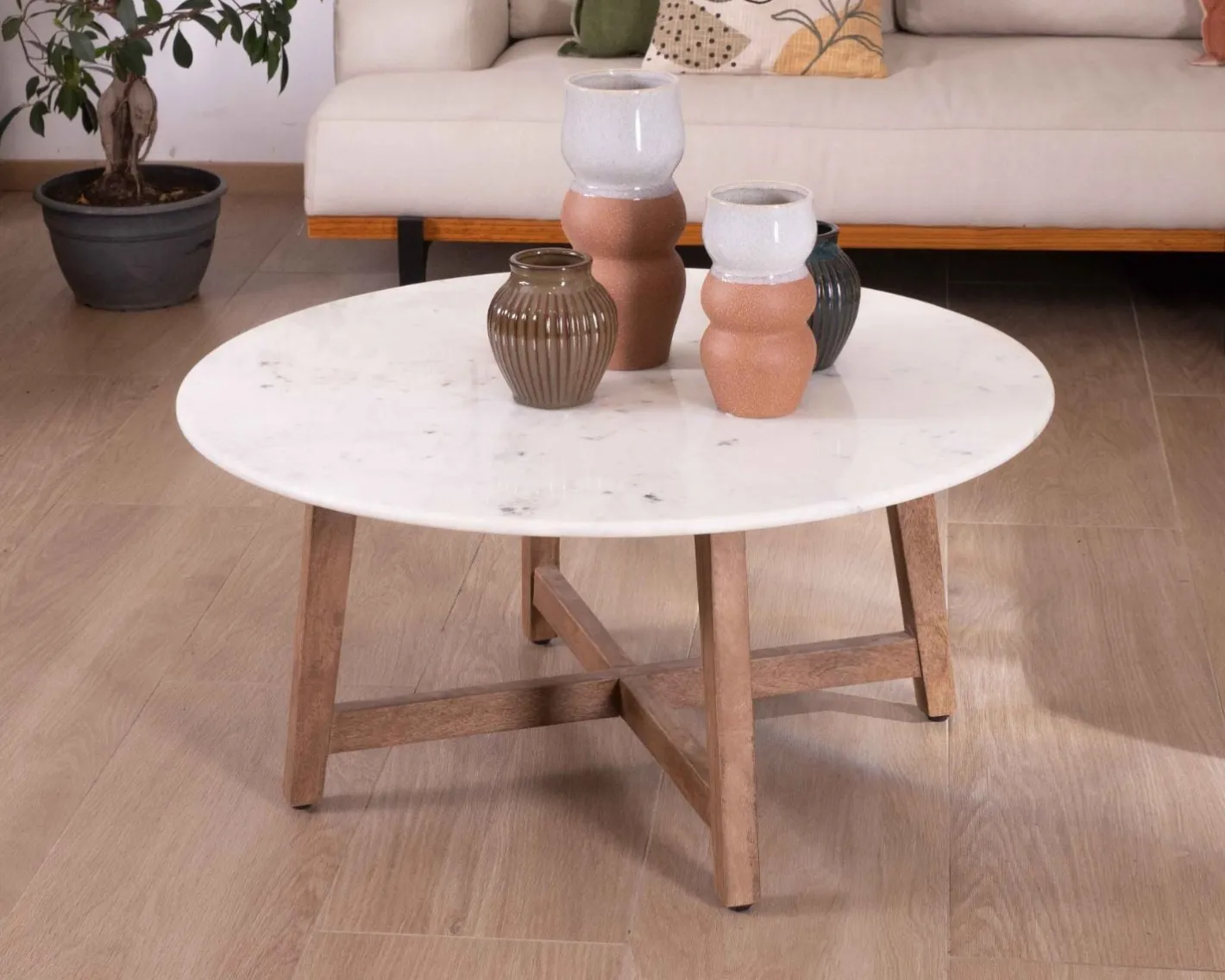Discount Table ronde marbre 90 cm avec pieds obliques en manguier massif "Lor" Table Basse Ovale Ou Ronde