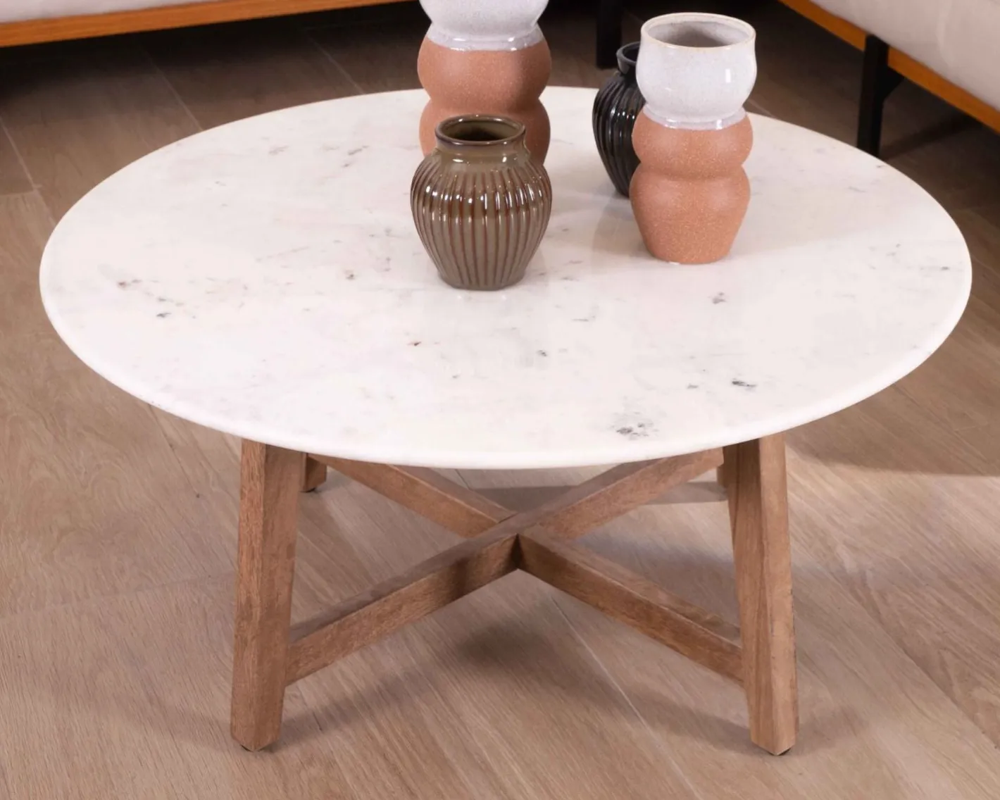 Discount Table ronde marbre 90 cm avec pieds obliques en manguier massif "Lor" Table Basse Ovale Ou Ronde