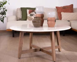 Discount Table ronde marbre 90 cm avec pieds obliques en manguier massif