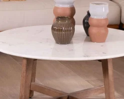 Discount Table ronde marbre 90 cm avec pieds obliques en manguier massif